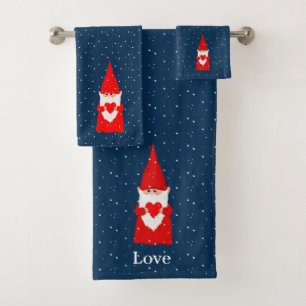 Christmas Gnomes with Heart on Blue Bath Towel Set