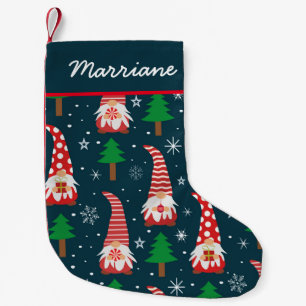 Christmas Gnomes with Trees on dark blue Custom Small Christmas Stocking