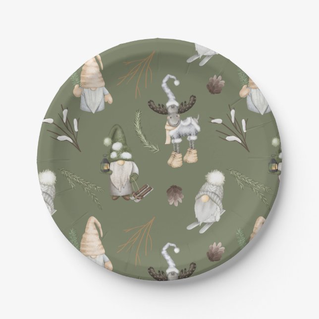Christmas Gnomes Woodland Paper Plate (Front)