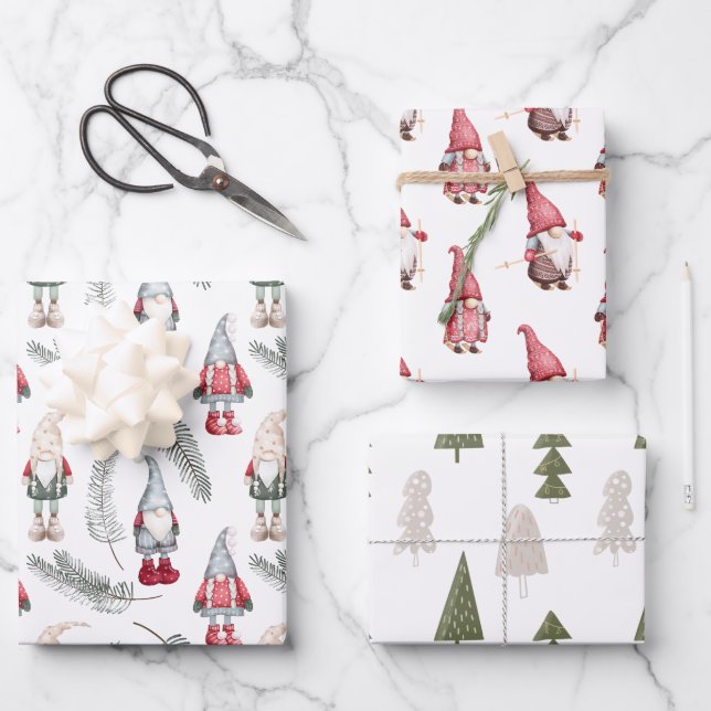 Christmas Gnomes Woodland Pine Wrapping Paper Sheet (Front)