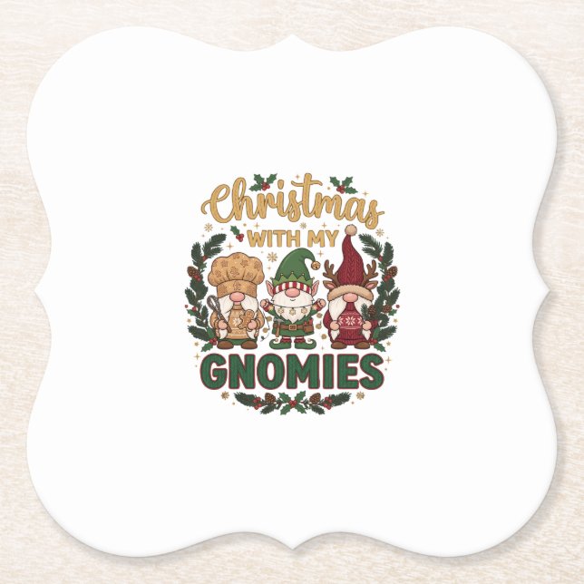 Christmas Gnomies String Lights Candy Cane Paper Coaster (Front)