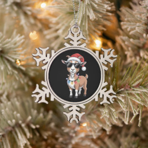 Christmas Goat Santa Hat Sunglasses Lights Farm Snowflake Pewter Christmas Ornament