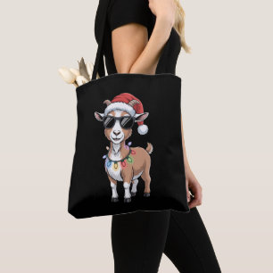 Christmas Goat Santa Hat Sunglasses Lights Farm Tote Bag