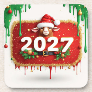 Christmas Goat with Evergreen Wreath Coaster
