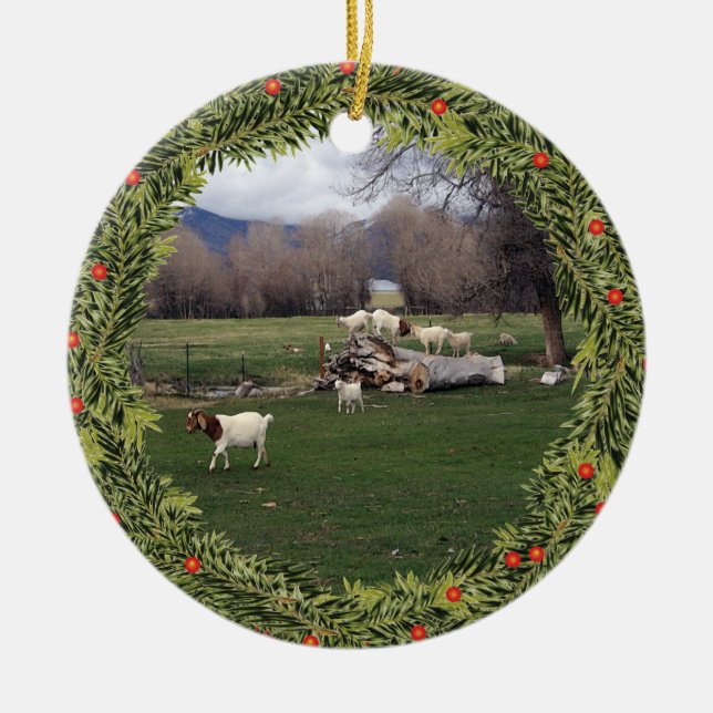Christmas Goats on a Log Ceramic Ornament (Front)