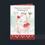 Christmas, Goddaughter, Cute Baby Girl & Teddy Card<br><div class="desc">A cute little girl hugs a large teddy bear, on this very sweet Christmas card for a young Goddaughter. The teddy is wearing a little Santa hat and the little girl has a big red bow in her hair. Illustrated in red and green on a white card with a red...</div>
