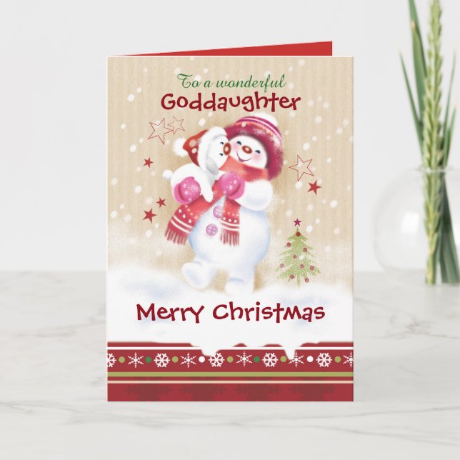 Christmas, Goddaughter. Snowman hugs Puppy Holiday Card (Front)