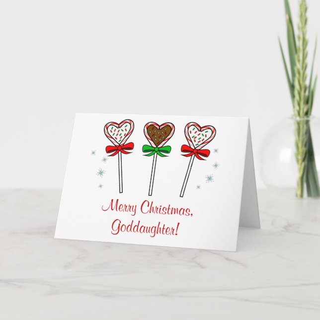 Christmas Goddaughter Three Chocolate Lollipops Holiday Card (Front)