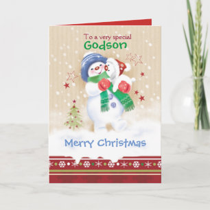 Christmas, Godson. Snowman with Puppy Holiday Card