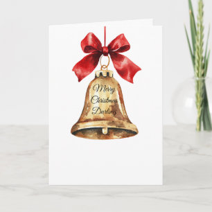 Christmas Gold Bell Red Bow Card