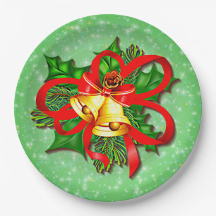 Christmas Gold Bells Green Holly Red Ribbon 9" Paper Plate
