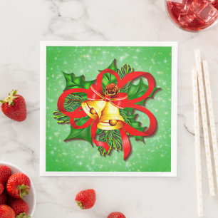 Christmas Gold Bells Green Holly Red Ribbon    Napkin