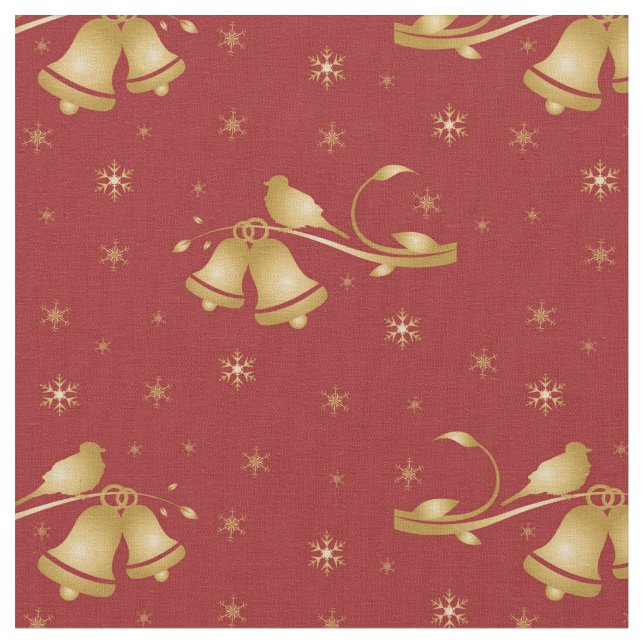 Christmas Gold bells on red pattern Fabric (Close Up)