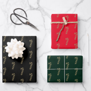Christmas gold black red green candy cane pattern  wrapping paper sheet