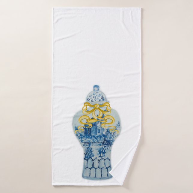 Christmas Gold Bow Blue White Ginger Jar Towel Set (Bath Towel)