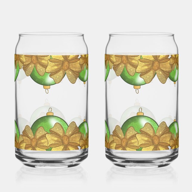 Christmas Gold Bows & Green Ornament | Festive Can Glass (Front)