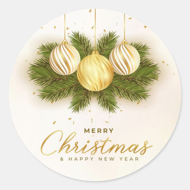 Christmas Gold Bulbs and Pine Needles Napkins Classic Round Sticker (Front)