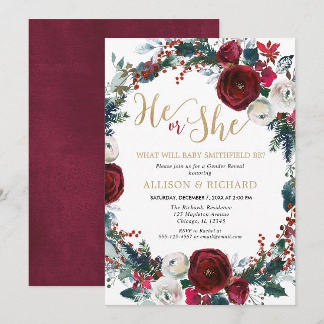 Christmas gold burgundy greenery gender reveal invitation (Front/Back)