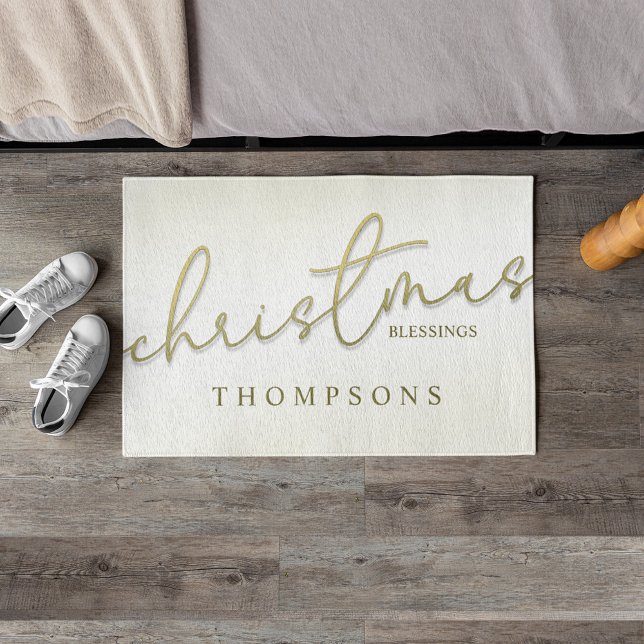 Christmas Gold Calligraphy Script Modern Blessings Doormat (Gold calligraphy script custom doormat)