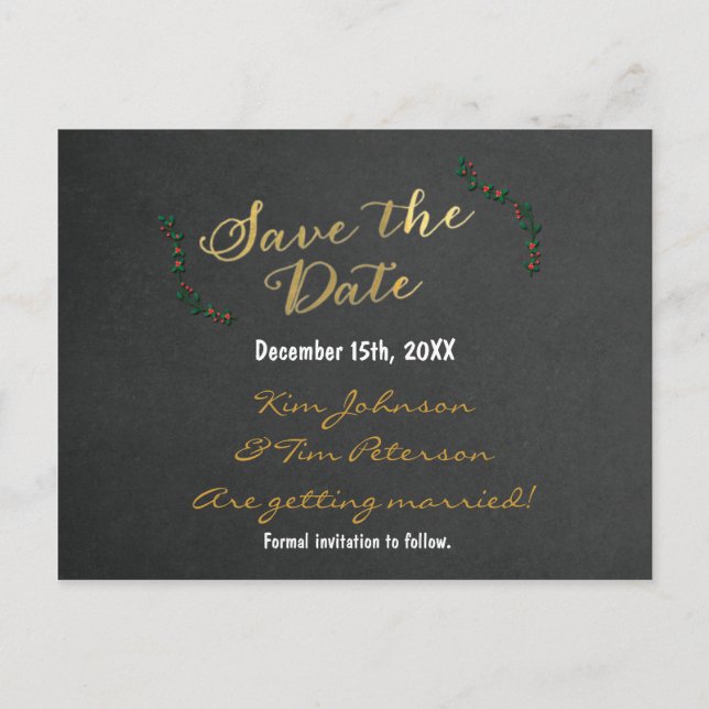 Christmas Gold Chalkboard Holly Postcard Save Date (Front)