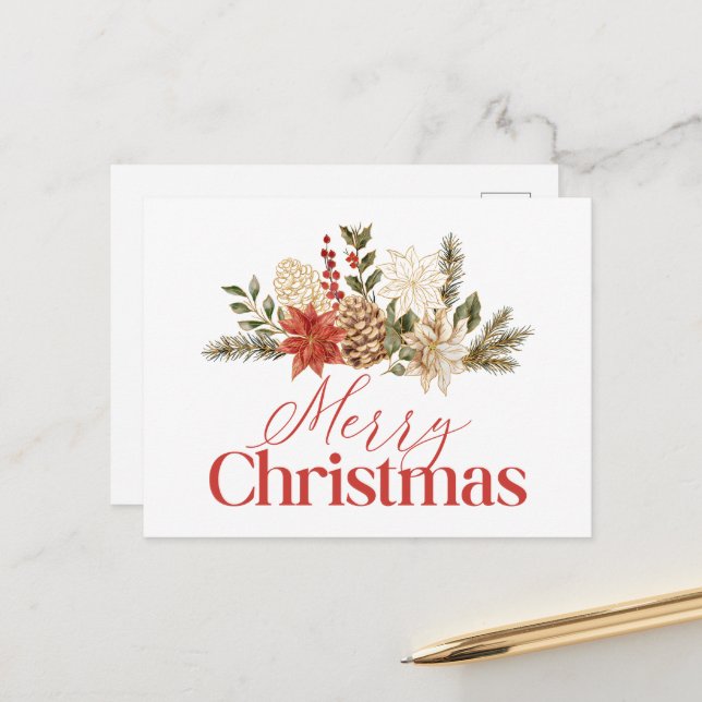 Christmas Gold Floral Poinsettia Merry Christmas Holiday Postcard (Front/Back In Situ)