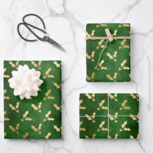 Christmas gold foil green cute mistletoe pattern wrapping paper sheet