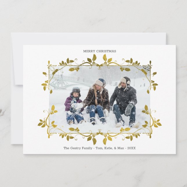 Christmas Gold Foil Holly Border Single Photo Holiday Card (Front)