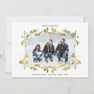 Christmas Gold Foil Holly Border Single Photo Holiday Card