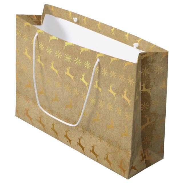Christmas Gold Foil Reindeer and Snowflake Large Gift Bag (Front Angled)