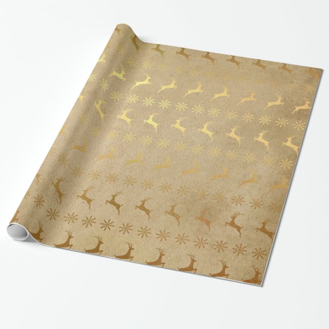 Christmas Gold Foil Reindeer and Snowflake Wrapping Paper (Unrolled)