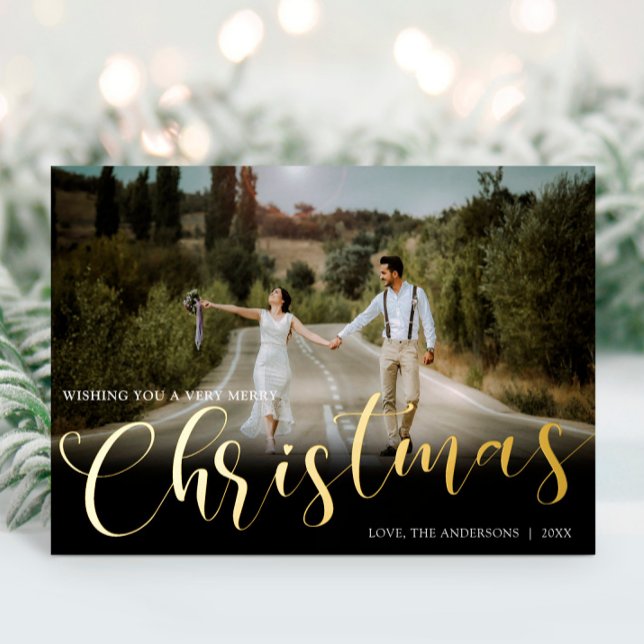 Christmas gold foil script elegant simple photo foil holiday card (Creator Uploaded)