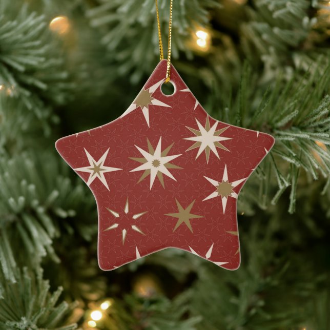  Christmas Gold Geo Stars - on red pattern. Ceramic Ornament (Tree)
