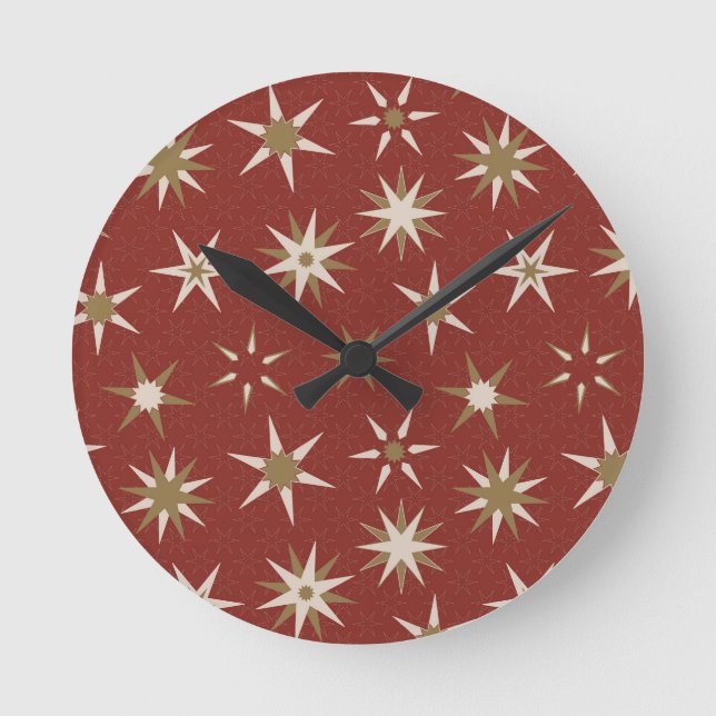  Christmas Gold Geo Stars - on red pattern. Round Clock (Front)