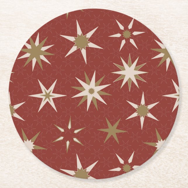 Christmas Gold Geo Stars - on red pattern. Round Paper Coaster (Front)