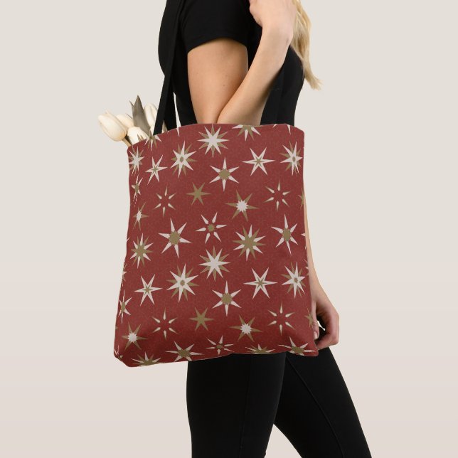  Christmas Gold Geo Stars - on red pattern. Tote Bag (Close Up)