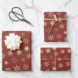 Christmas Gold Geo Stars - on red pattern. Wrapping Paper Sheet
