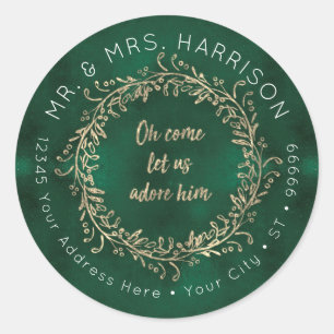 Christmas Gold Glitter Green Script Foliage Wreath Classic Round Sticker