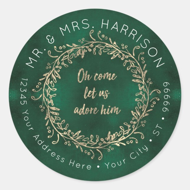 Christmas Gold Glitter Green Script Foliage Wreath Classic Round Sticker (Front)