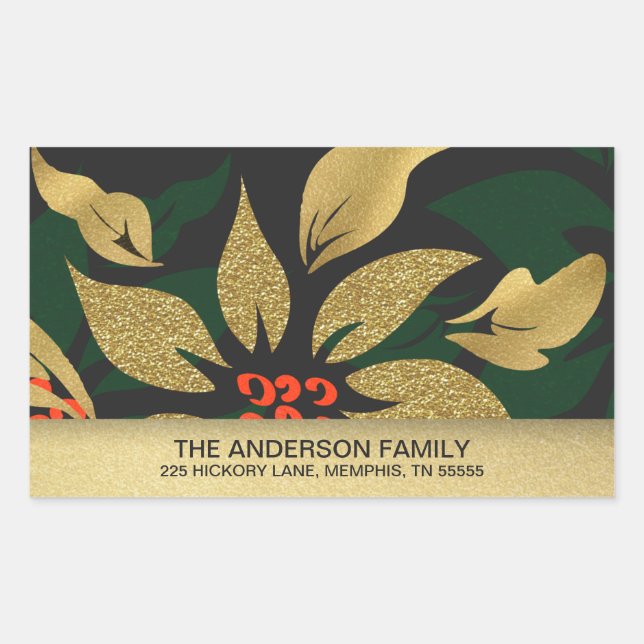 Christmas Gold Glitter Poinsettia Return Address Rectangular Sticker (Front)
