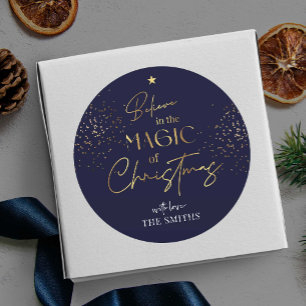 Christmas Gold Glitter Script Name Navy Modern Classic Round Sticker