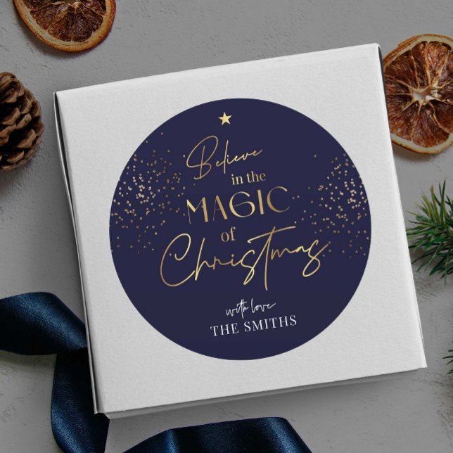 Christmas Gold Glitter Script Name Navy Modern Classic Round Sticker (Elegant and chic navy blue and gold glitter Christmas gift sticker that is sure to impress)