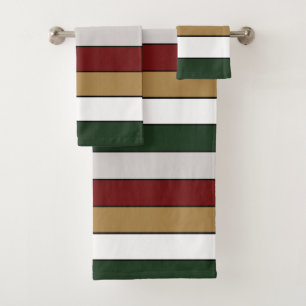 Christmas Gold Green Red Silver And White Stripes Bath Towel Set