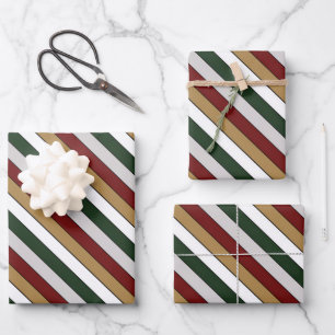 Christmas Gold Green Red Silver And White Stripes Wrapping Paper Sheet
