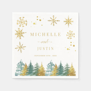 Christmas Gold Green Woodland Pine Trees Wedding Napkin