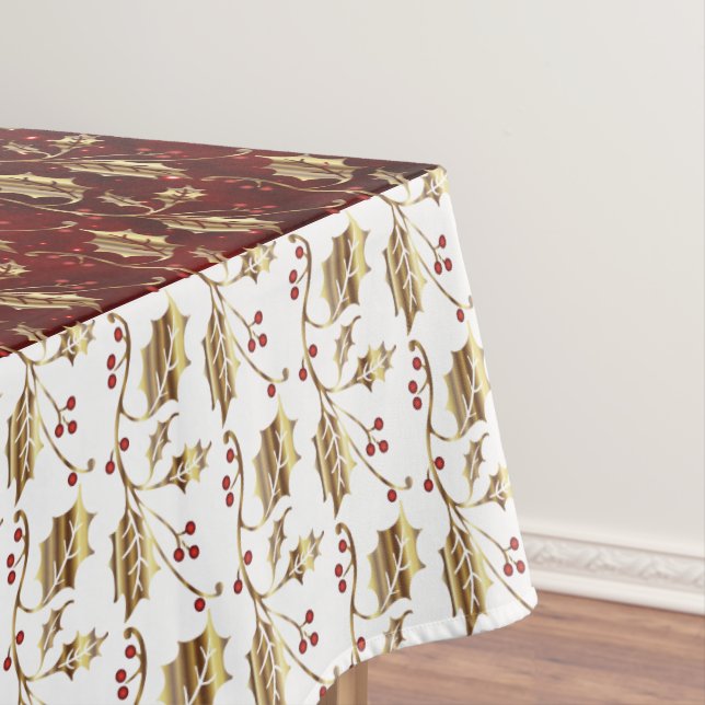 Christmas Gold Holly on Festive Red Tablecloth (In Situ)