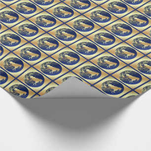 Christmas Gold Horse On Blue In Gold Squares Wrapping Paper
