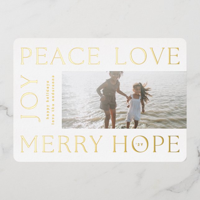 Christmas Gold Letters MERRY JOY PEACE LOVE photo Foil Holiday Card (Front)