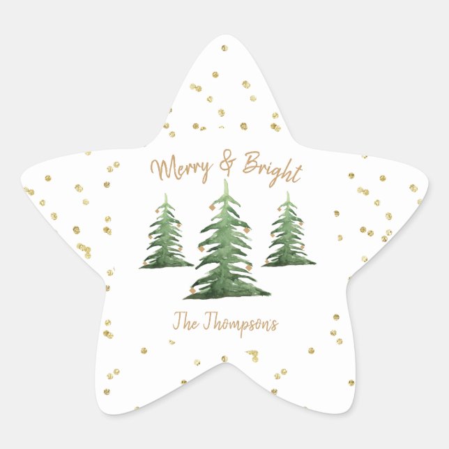 Christmas, Gold, Merry, Bright,  Star Sticker (Front)