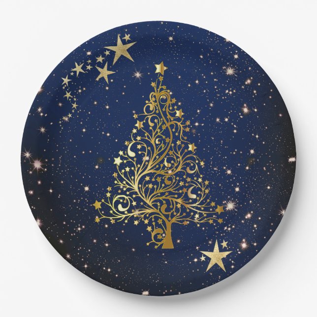 Christmas Gold on Blue Paper Plate (Front)