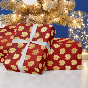 Christmas Gold Poinsettias on Red Wrapping Paper